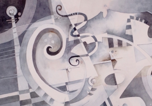 Detail: "When the Music Begins". Watercolor by Margaret Stermer-Cox